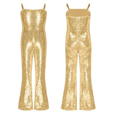Kids Girls Sleeveless Gymnastics Leotard Jumpsuit Costume Halloween Sequins Bell Bottoms Jumpsuit