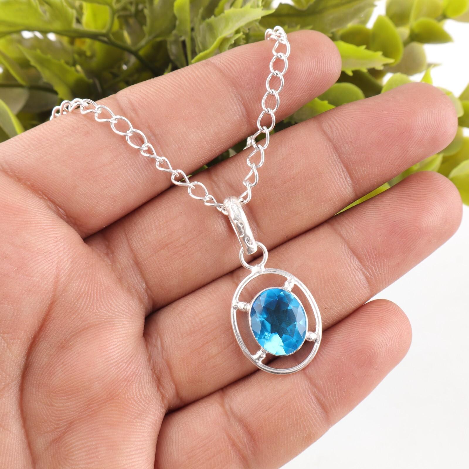 

Oval Swiss Blue Topaz Stone Sterling Silver Best Sisters Gift Birthday Pendant PP-6-1