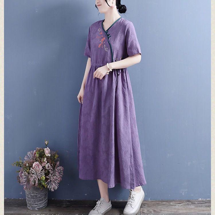 2025 New Summer Cotton and Linen Diagonal Placket Buckle Embroidered Short-sleeved Dress for Women, Retro Hanfu for Women