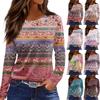 Maglietta da donna alla moda casual con spacchi sul fondo, scollo rotondo, manica lunga, ampia, stampata