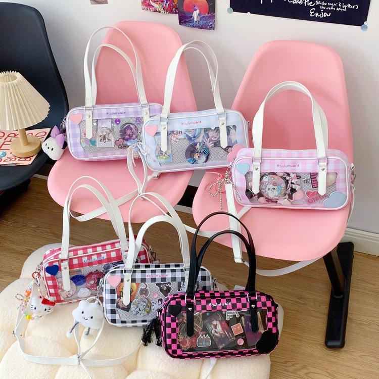 Japanese Kawaii Heart Plaid Ita Bag - Women's Transparent Crossbody with Pin Board