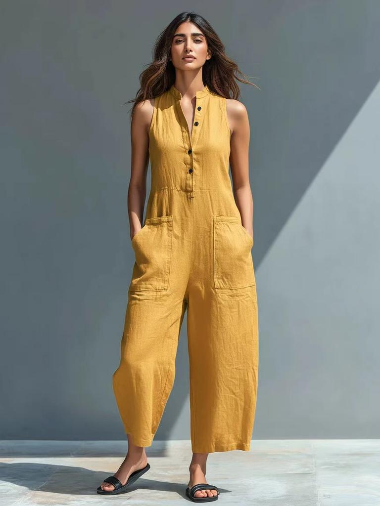 Women's Sleeveless Jumpsuit Stand Collar Mid Rise Elegant Commuter Romper Solid Color Casual Loose Nine Points Pant With Pockets