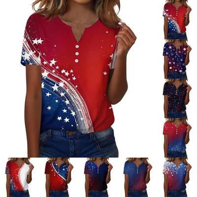 Women's T Shirt Independence Day Print Button Short Sleeve Daily Weekend Fashion Basic V- Neck Regular Top