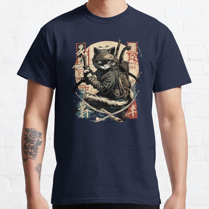 Funny kitten kawaii Cat Samurai mens TShirt for men vintage japanese Ninja Cat printed clothing plus size tee