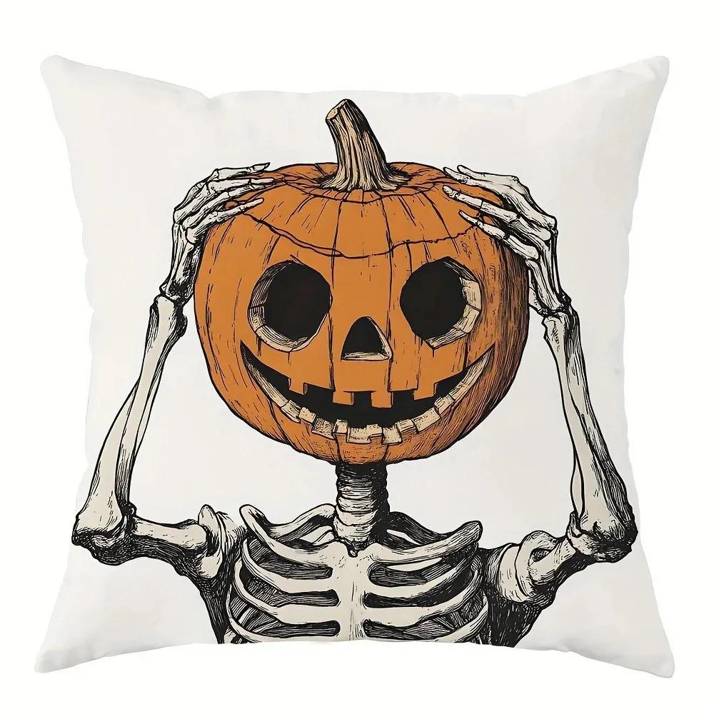Skull Pumpkin Printed Pillowcase, Gothic Style Sofa Cushion Cover, Horror Themed Living Room Decoration, Halloween Home Goods