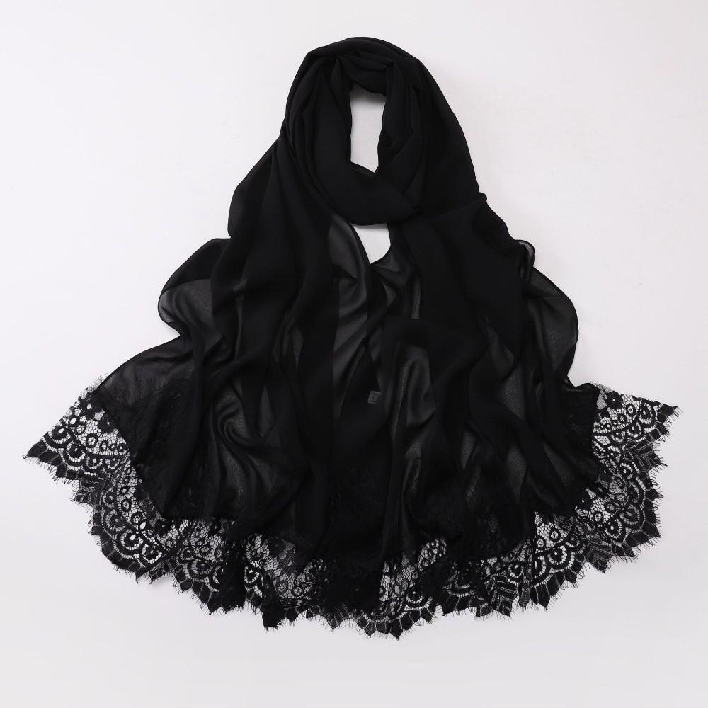 Pearl Chiffon Lace Edge Scarf Eyelash Black Lace Islamic Shawl Wrap Soft Long Hijab  Daily Wear