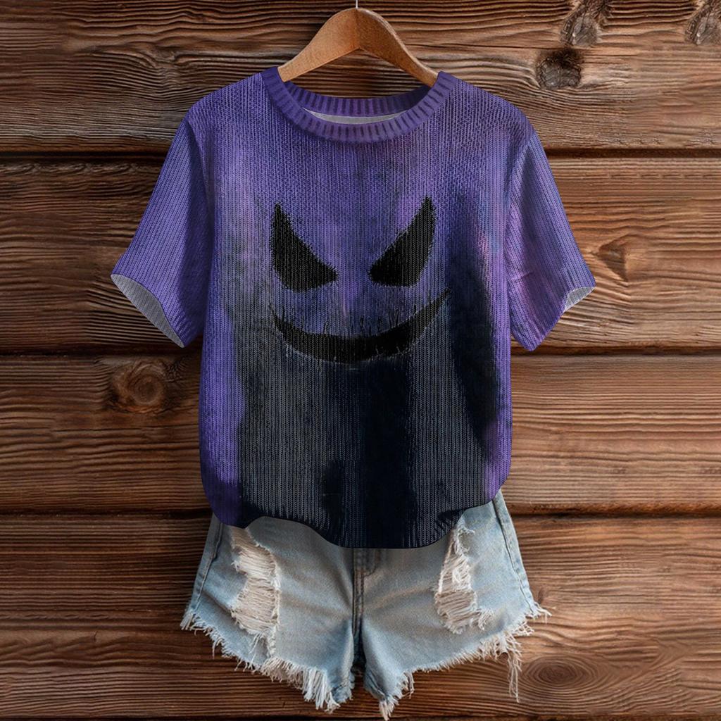 Women's Cute Sweater Knitted Fashion Casual Round-neck Short-sleeved  Cozy Print Top