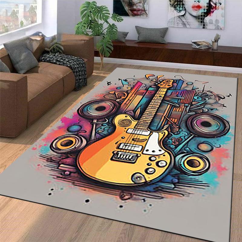 Colorful Electric Guitar Print Carpet with Speakers and Abstract Design Suitable for Use As an Anti-slip for Living Room Bedroom Sofas