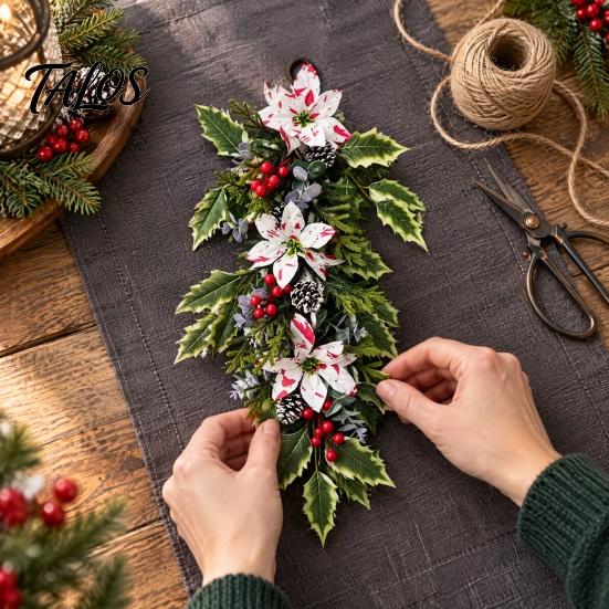 Rustic Christmas Wall Decor Teardrop Swag, Artificial Holly Leaves Swag Wreath with Pinecones Fireplace Mantle Berries for Front Door, Cabinet, Wall,