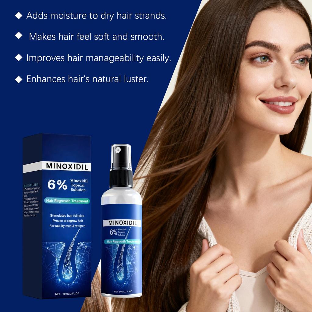 Minoxidil 6% Roztwór Topicalny - Serum na porost włosów dla przerzedzonych włosów, Szybko działający spray na odrastanie włosów dla mężczyzn i kobiet