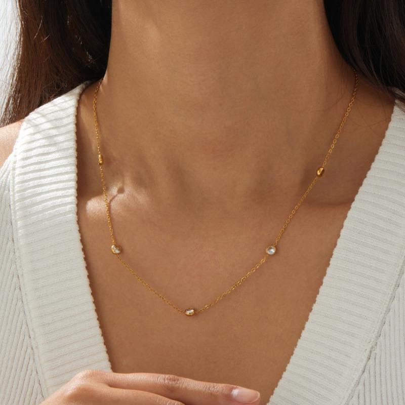 Gold Zircon Station Necklace Dainty Choker For Women