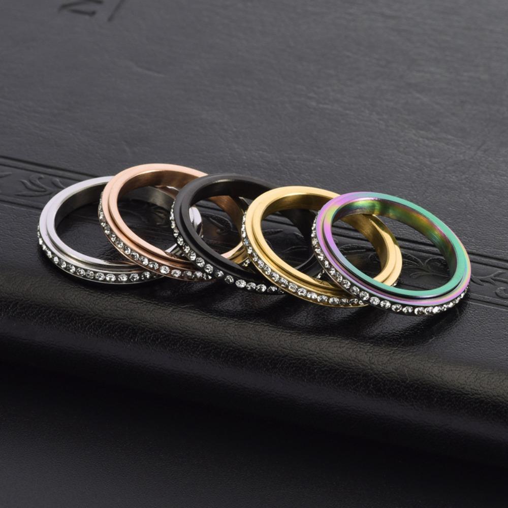 Elegant Rotating Full Diamond Stainless Steel Womens Ring Gold Fashion Index Finger Jewelry