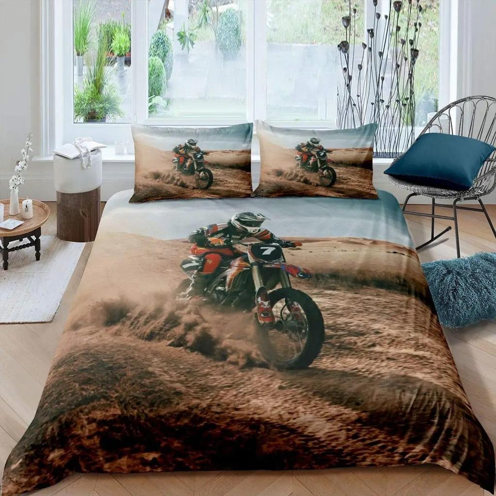3D Motocross Duvet Cover King Size Microfiber Red Black Dirt Bike Extreme Sports Motorcycle Bedding Set