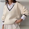 Maglioni Casual alla Moda da Donna Autunno Inverno Blocco di Colore Stampa Manica Lunga Scollo a V