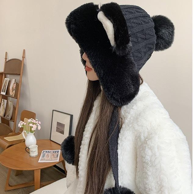 

Осенне-зимняя теплая плюшевая шапка с лисьими ушками, женская, милая плюшевая шапка-пуловер с медвежьими ушками, шерстяная вязаная шапка One Size