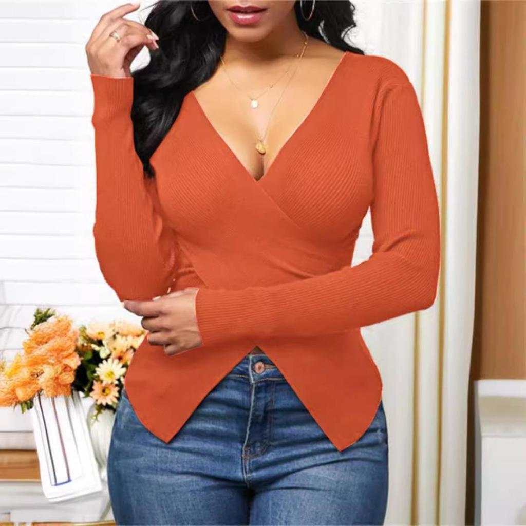 V-Neck Women's Ribbed Knit Slim Fit Cross Blouse Shirt Top