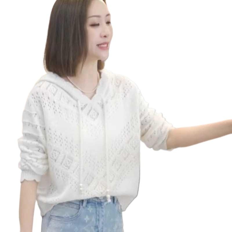 Nuovo Maglione Sottile Colore Unico Primavera Top Largo Pigro Manica Lunga Uncinetto Fiore Lavorazione a Maglia con Cappuccio per Donna