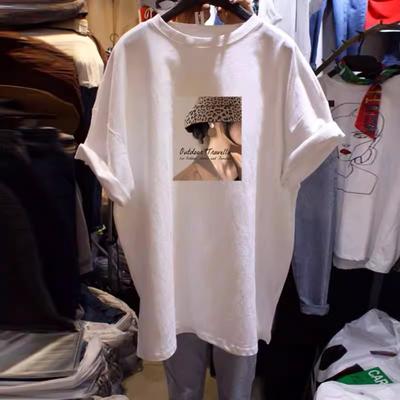 Rundhals Kurzarm T-Shirt für Damen Im Sommer Neu Locker Lässig Mittellang Bedruckt Baumwoll T-Shirt Top