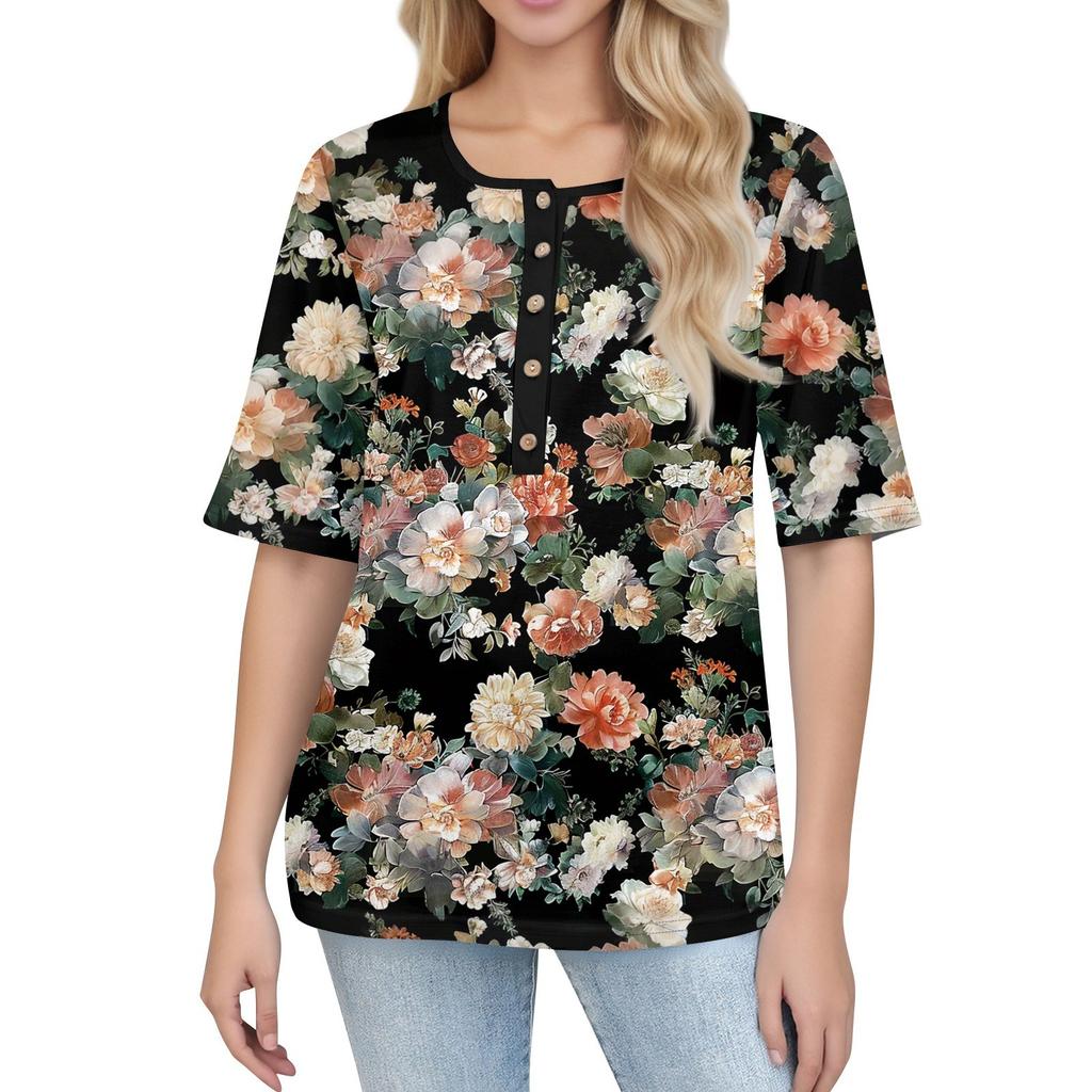 Shirts For Women Trendy Round Neck Button T Shirts Printed  Blouse Half Sleeve Tops For Women