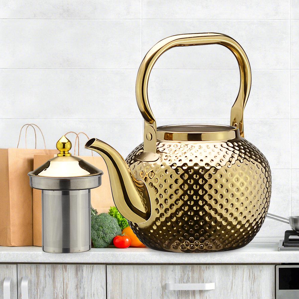 Gold Spherical Stainless Steel Kettle with Hammered Texture - Large Capacity for Hotels and Restaurants.