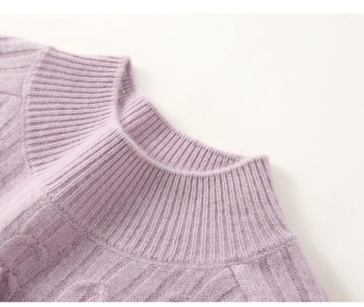 Women's Retro Cable-Knit Cashmere Half-Turtleneck Sweater - Autumn/Winter Base Layer, Solid Color