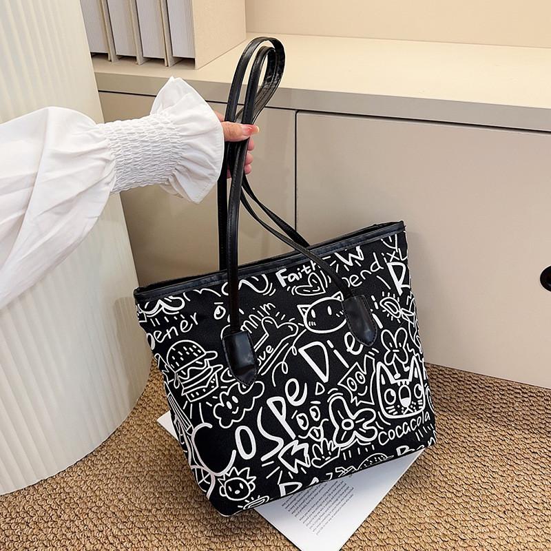 

Cute Graffiti Canvas Tote Bag With Zipper Pocket For Casual Daily Use чёрный