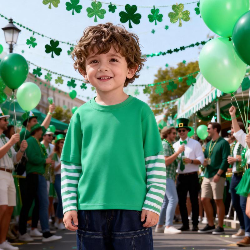 Green Kids' St. Patrick's Day Two-Piece Long-Sleeve Shamrock Party Outfit