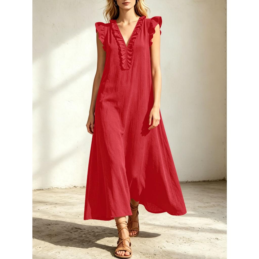 Summer Ruffled Flutter Sleeve V Neck Loose Casual Maxi Dress For Vacation, European American Crossborder Women Long Dress