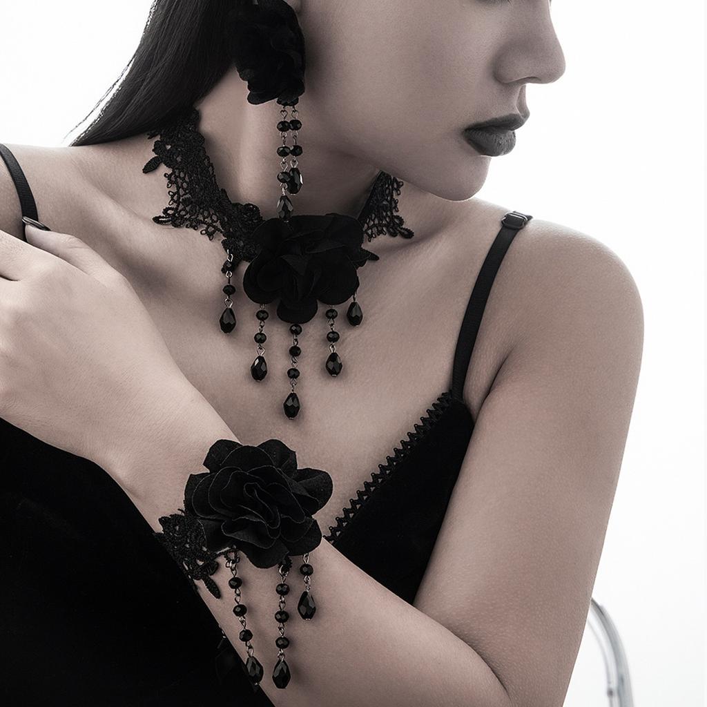 Gothic Dark Black Lace Collar Halloween Rose Flower Fringed Choker Necklace