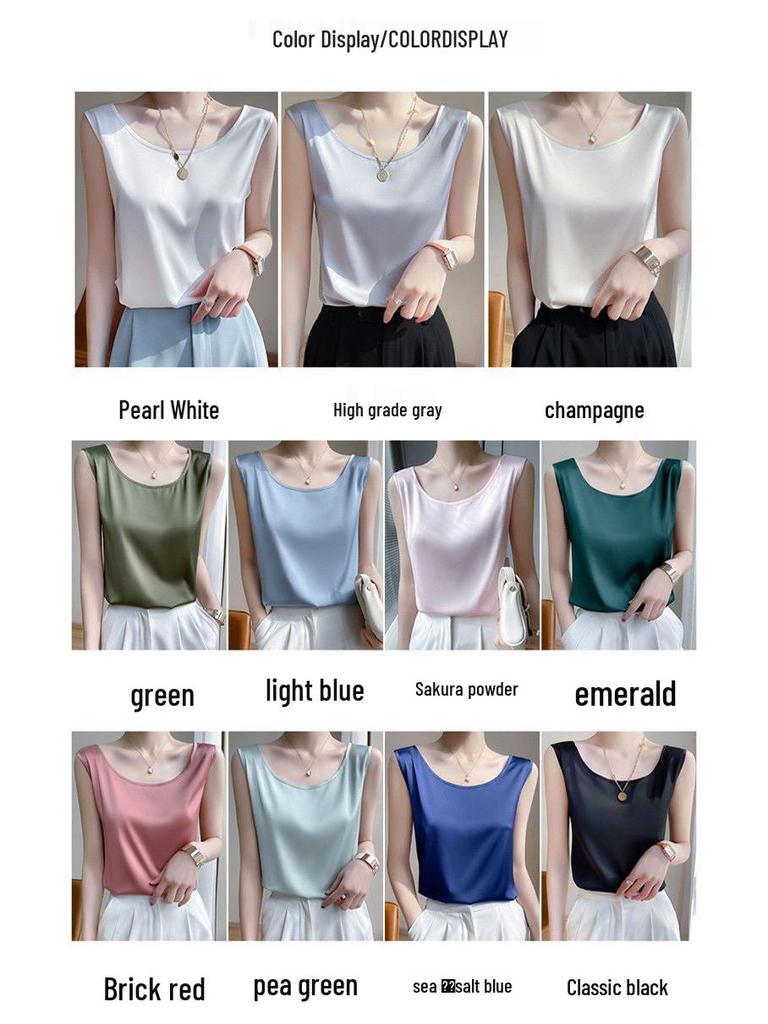 Women's Loose Silk Camisole Vest - Sleeveless Satin Round Neck Top for Summer