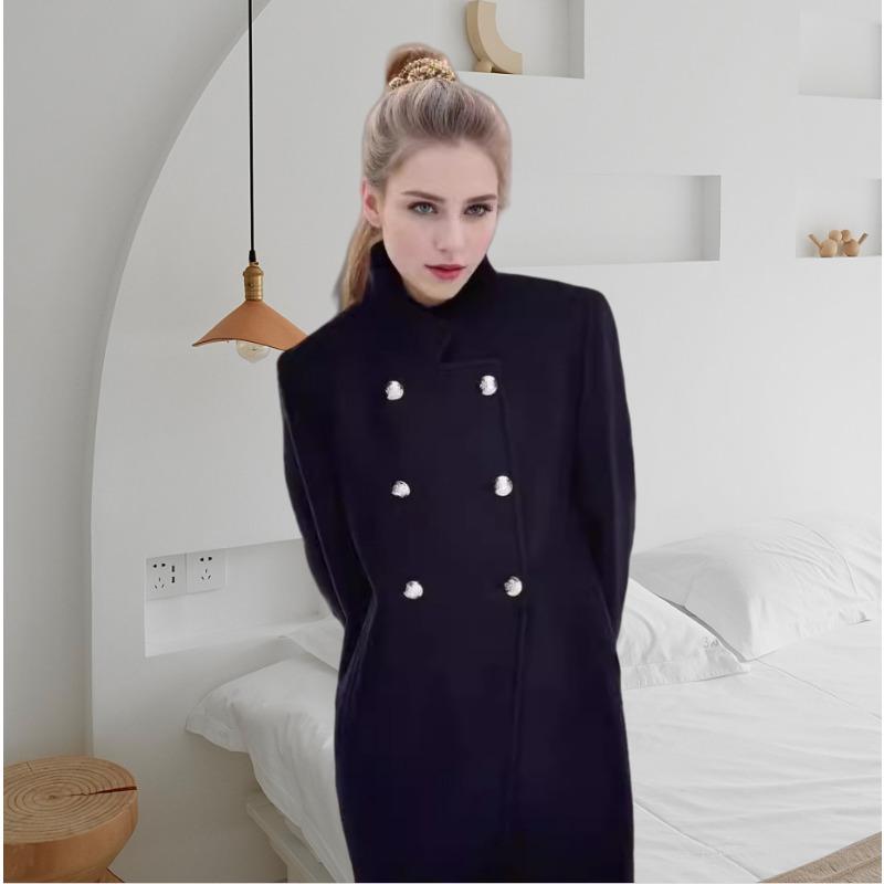 Autumn and Winter Medium and Long Small Stand-up Collar Thin Solid Color Slim Women's Woolen Coat Coat