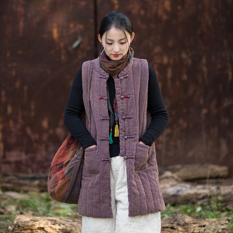 Johnature Women Vintage Winter Sleeveless Vests Coats Stand Solid Color Chinese Style Warm Cloths Button Pockets Coats