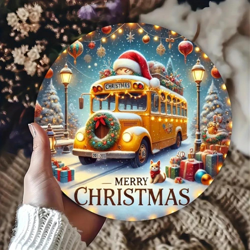 

Vintage Yellow Bus Christmas Wall Art Metal Sign Plaque Holiday Home Bar Decor 20x20 білий
