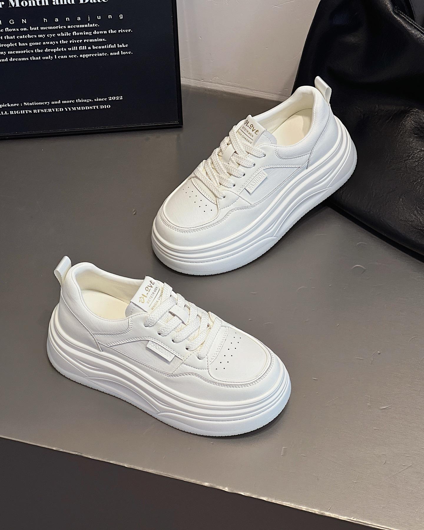 

New 2025 autumn leather fashion thick-soled lace-up casual shoes women s small height-increasing board shoes women s white shoes 35