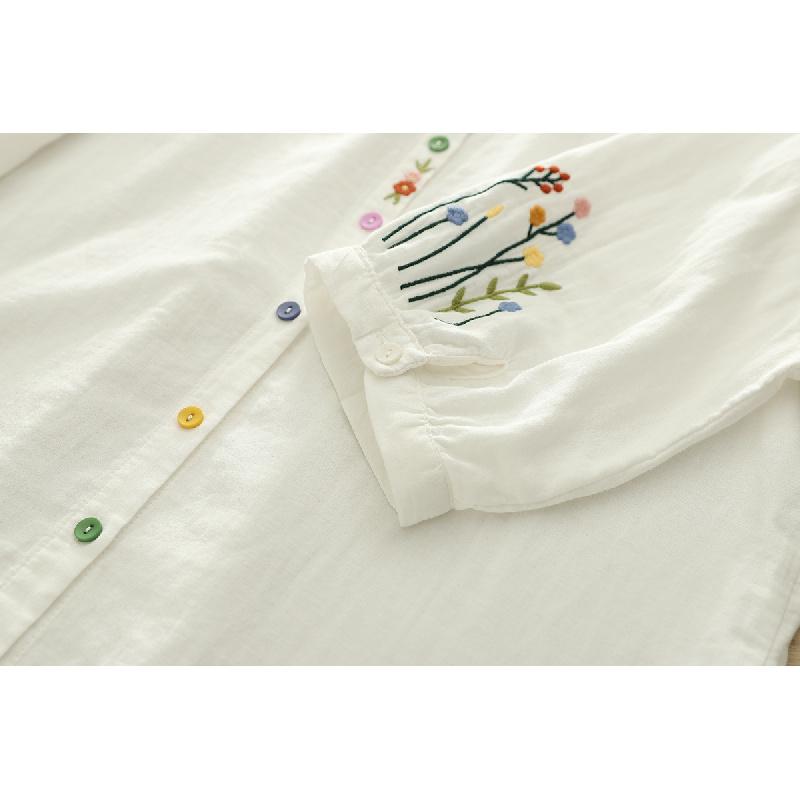 Artistic and fresh breathable cotton gauze turn-down collar short-sleeve shirt for women, casual summer double-layer gauze top