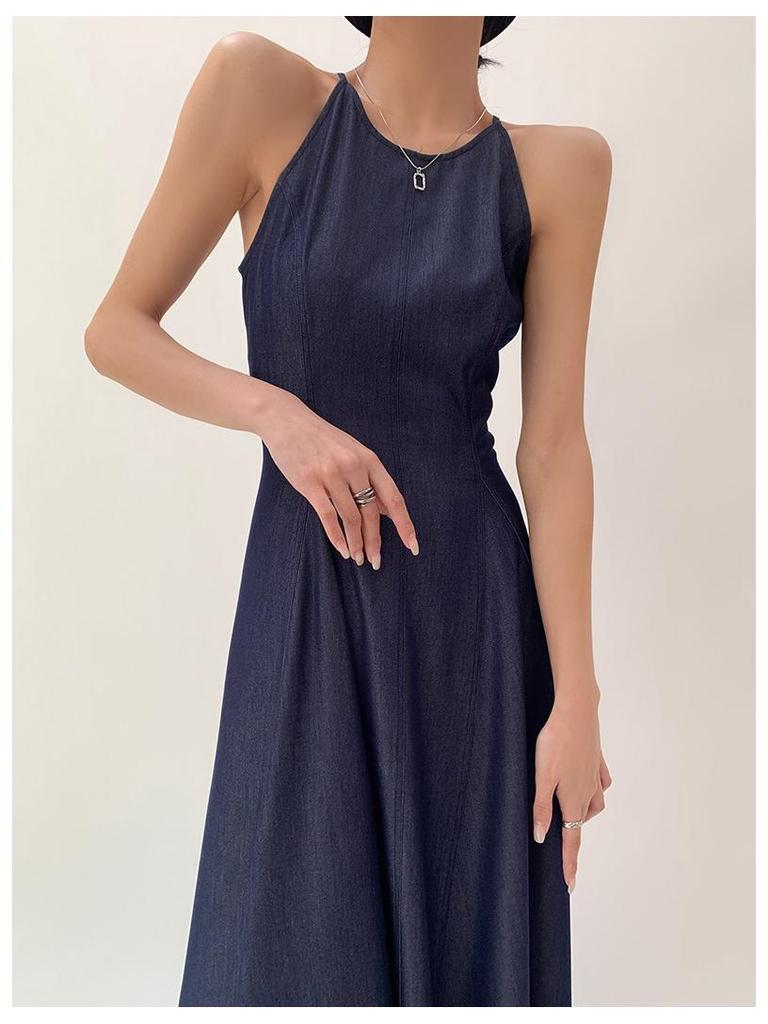 Washed Denim Waist-Defining Big Swing Long Sundress