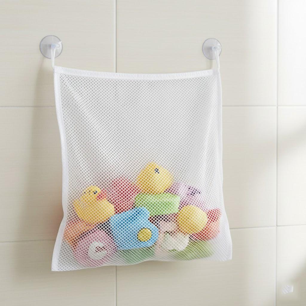 Heavy Duty Polyester Kids Bathroom Storage Bag Suction Cup Organizer Playroom Mesh Hanging Bag Bath Tub