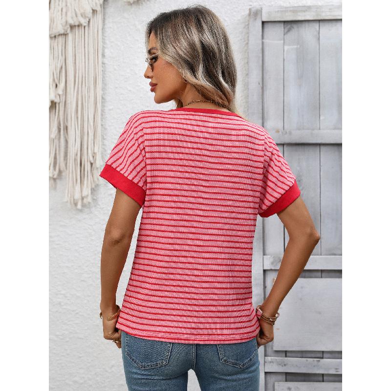 2026 Summer New Women's Casual Round Neck Patchwork Short Sleeve Striped T-Shirt