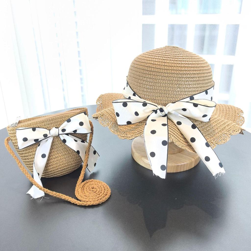 Girls' Korean Style Straw Beach Sun Hat with Sunscreen and Matching Bag