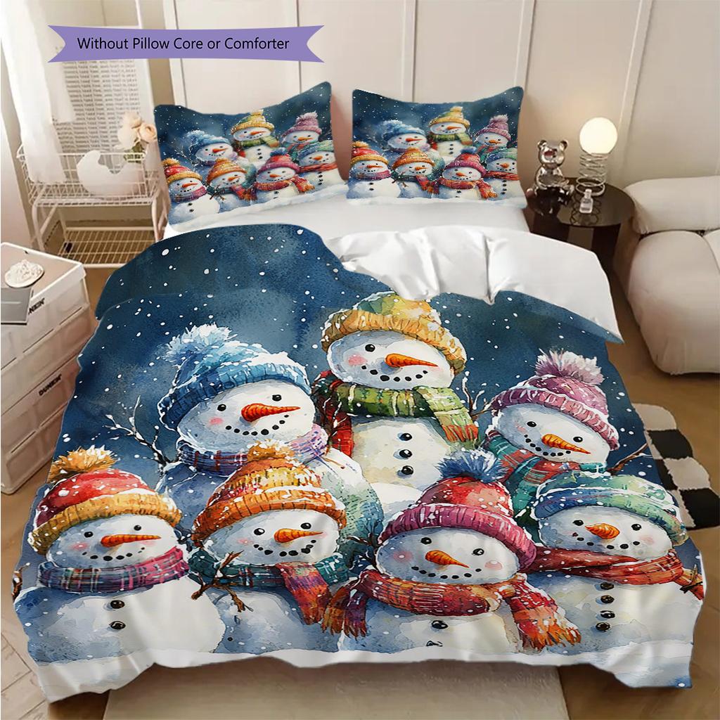 Snowmen Pattern Bedding Quilt Set Quilt Cover Pillowcase Home Decoration Birthday Gift (1 * duvet cover + 2 * pillowcase, without core)