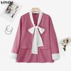 VONDA Women V-Neck Bow Lace Long Sleeve ButtonThin Cardigan Blazer