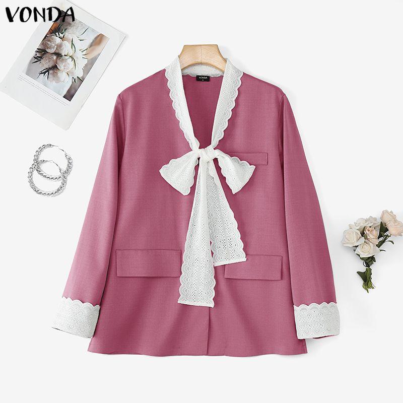 VONDA Women V-Neck Bow Lace Long Sleeve ButtonThin Cardigan Blazer