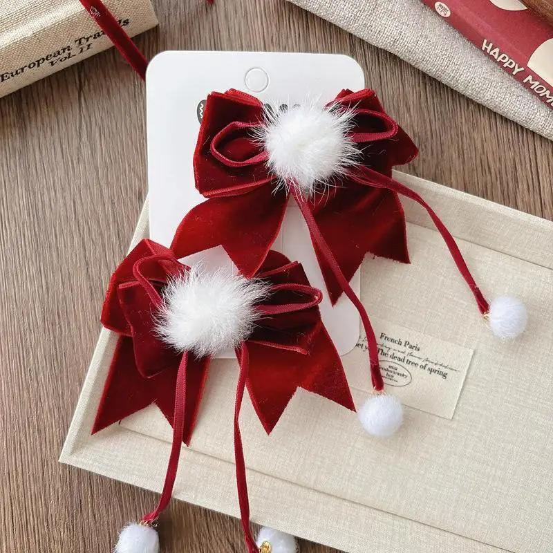 New Lace Bowknot Hair Clips For Girls Sweet Versatile Stylish New Year Ponytail Hairpin Red Velvet Korean Kids Princess Headwear