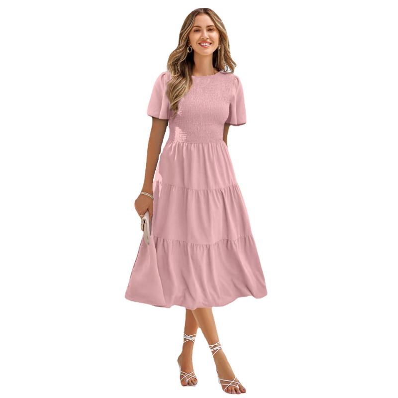 Summer Women's Dress Waist Slim Large Swing Dress Round Neck Range Holiday Dress