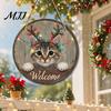 Porch Hanging Ornament Wooden Christmas Welcome Sign, Animal Round Door Decor, Outdoor Weatherproof Sign Farmhouse for Window Garden Holiday