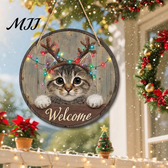 Porch Hanging Ornament Wooden Christmas Welcome Sign, Animal Round Door Decor, Outdoor Weatherproof Sign Farmhouse for Window Garden Holiday