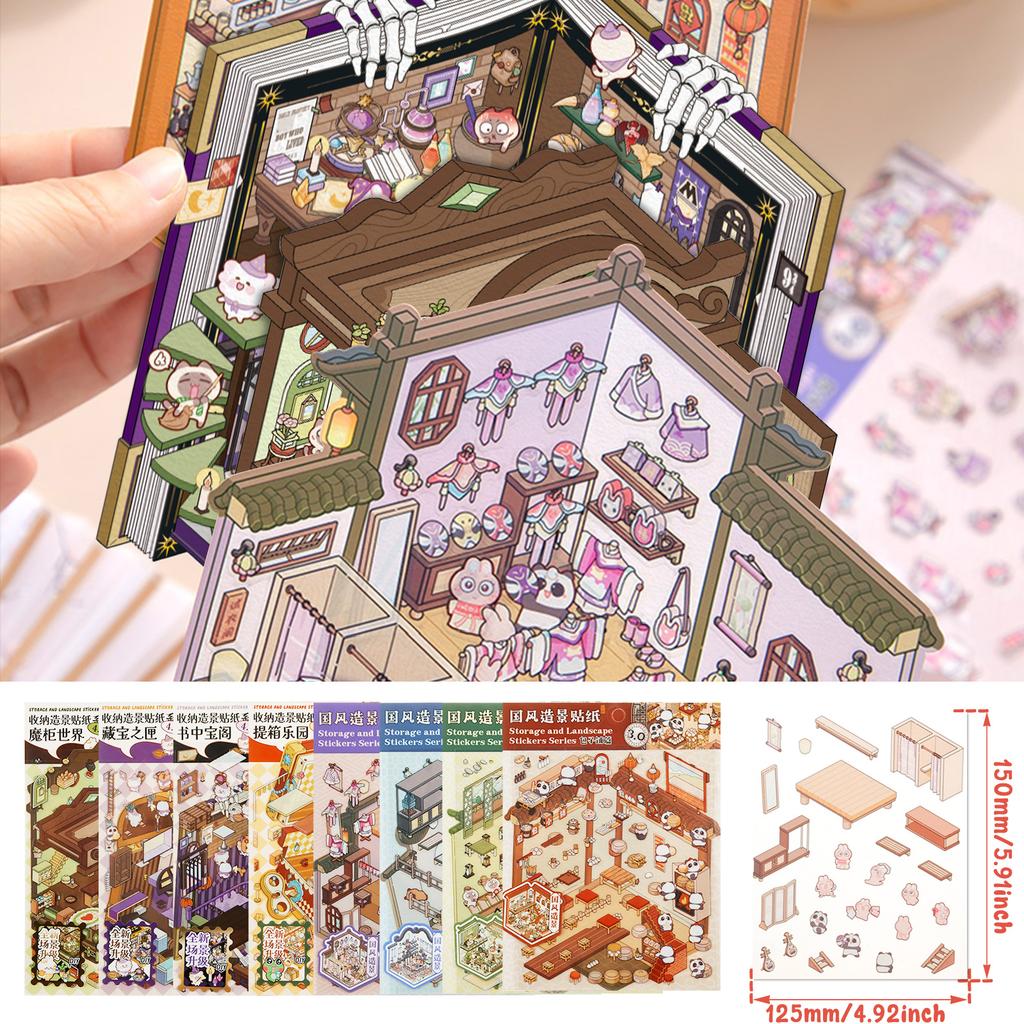 12/8Pc DIY 3D House Stickers Set Cartoon Miniature Scene Stickers Painting Stacking and Pasting Hand Account for Kid Girl Gifts
