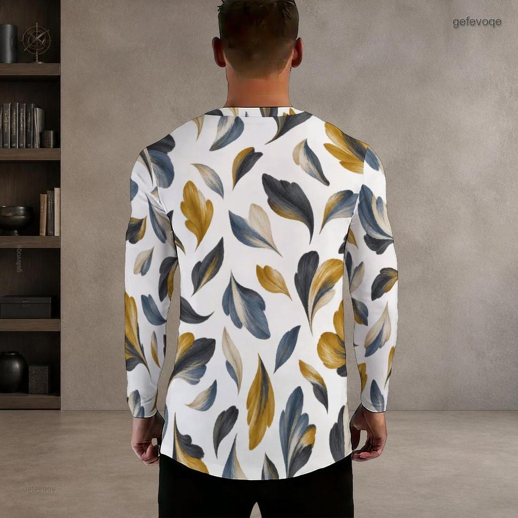 Men s Plus Size Notch Neck Long Sleeve Blue White Abstract Wave Printed Pullover Shirt