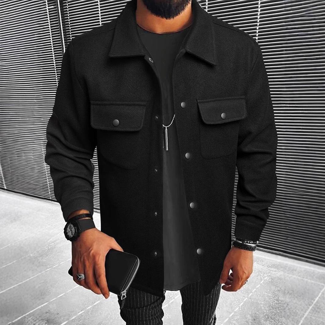 2026 New Men s Woolen Jacket, Solid Color Coat with Turn-down Collar and Buttons, Casual Overcoat S