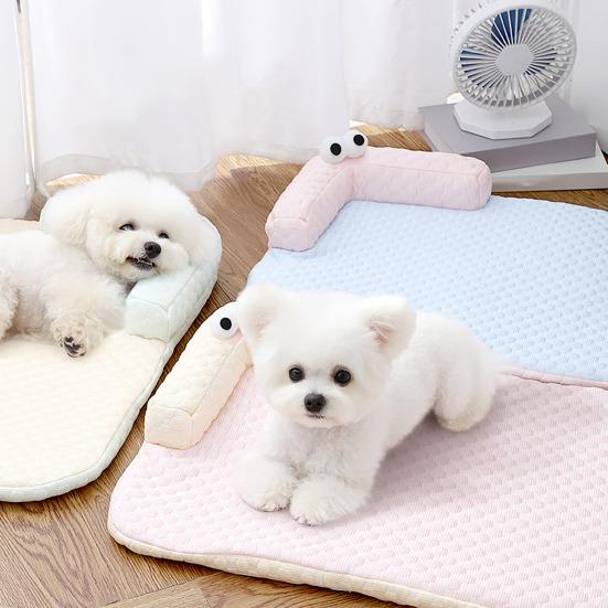 Dog Cooling Mat Ice Silk Cooling Pet Mat Bed Breathable Summer Pet Sleeping Pad with Neck Support Pillow for Small Dogs Cats